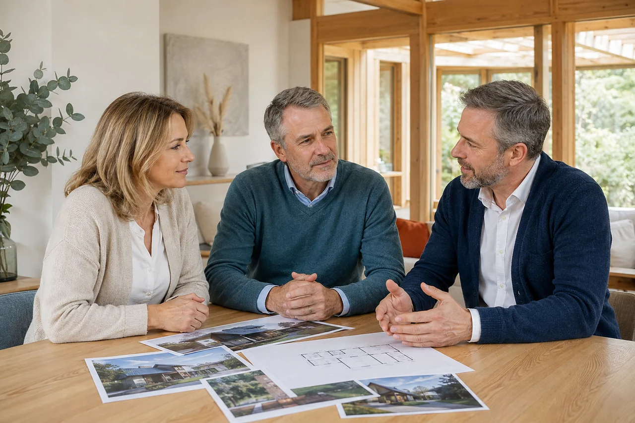 Eigentümerpaar bespricht mit einem legeren Immobilienberater die Besonderheiten seines Hauses