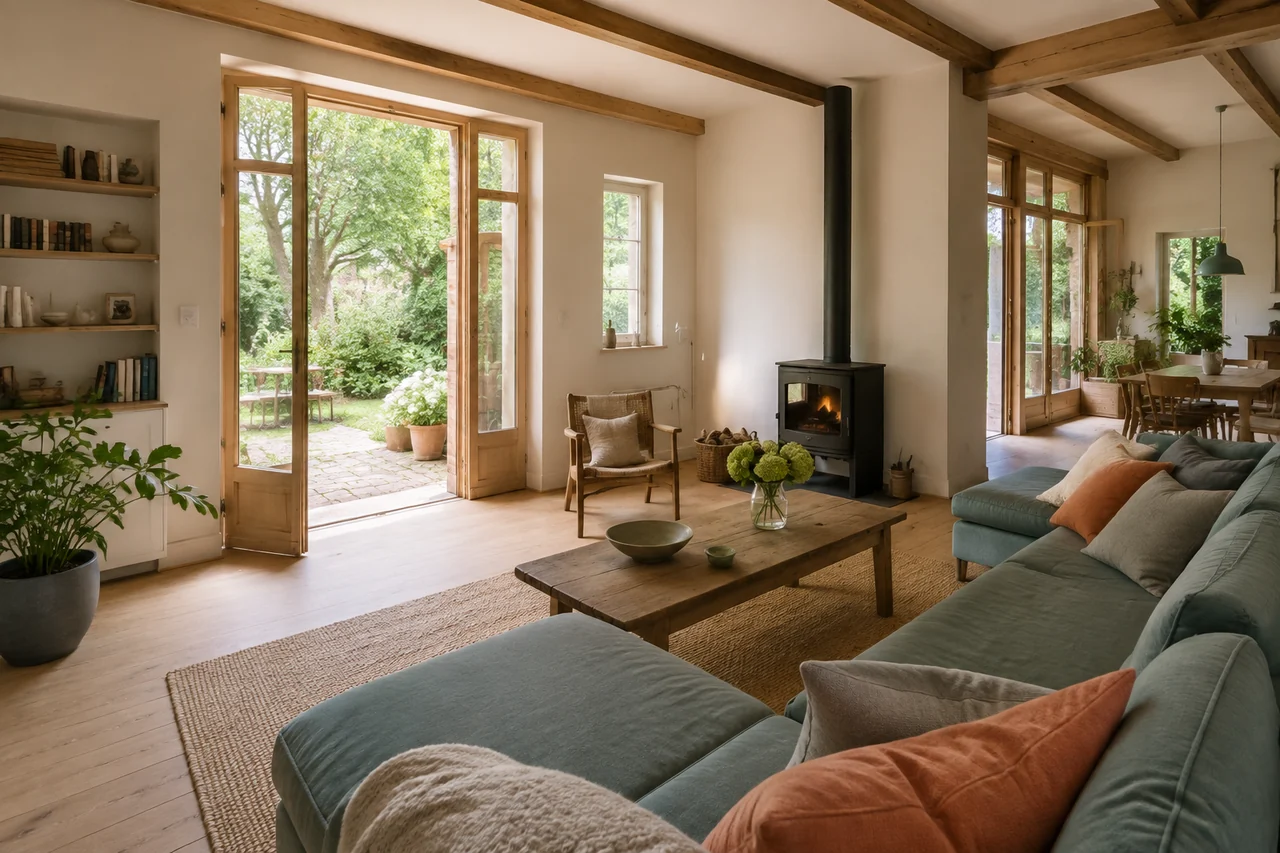 Heller Wohnraum mit Holz, großen Fenstern und Blick in einen Garten
